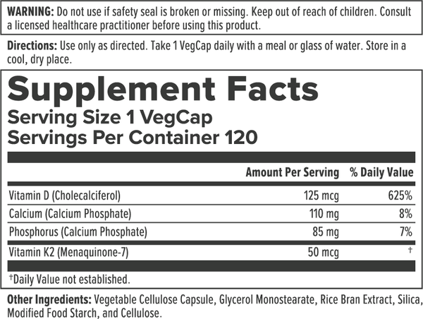 Vitamin D-3 & K-2 Supplement Facts Label