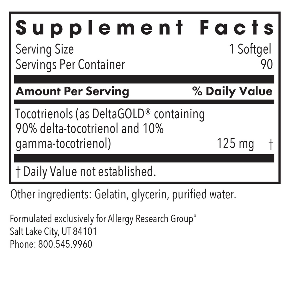 Delta-Fraction Tocotrienols 125 mg Supplement Facts Label
