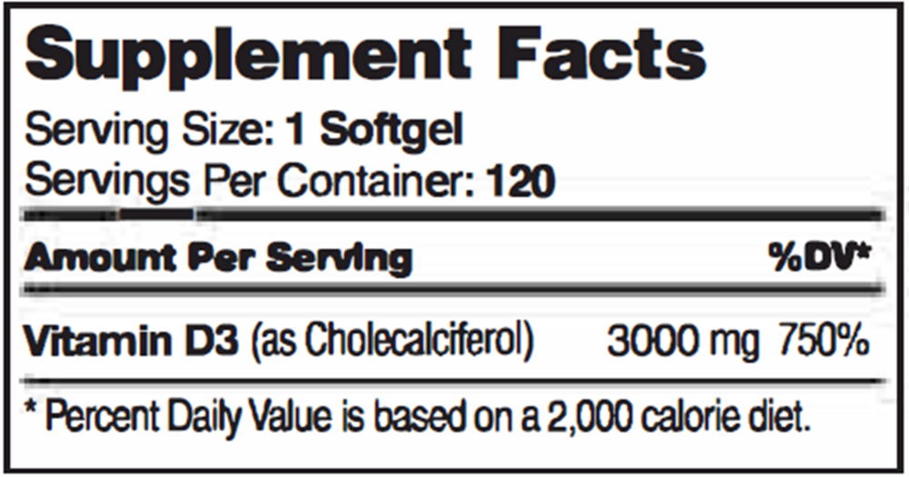 Vitamin D3 3000 IU Softgels Supplement Facts Label