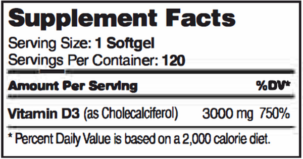 Vitamin D3 3000 IU Softgels Supplement Facts Label