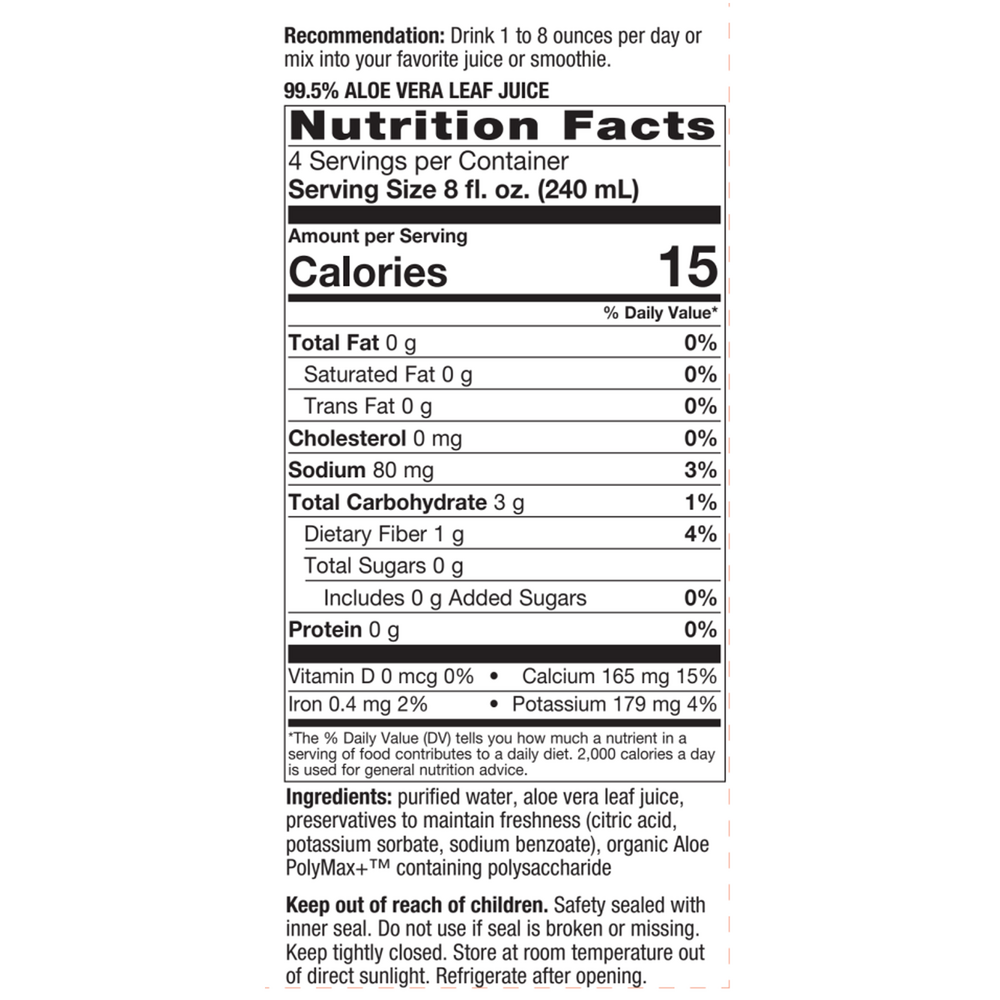 Aloe Vera Leaf Juice 1 Liter Supplement Facts Label