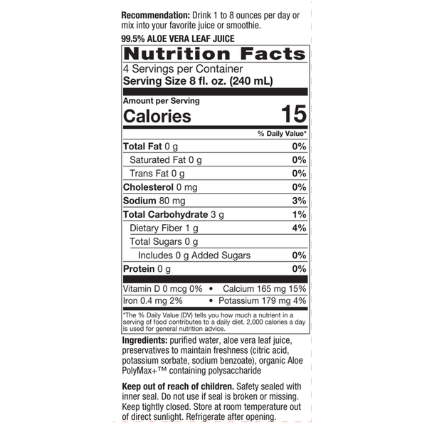 Aloe Vera Leaf Juice 1 Liter Supplement Facts Label