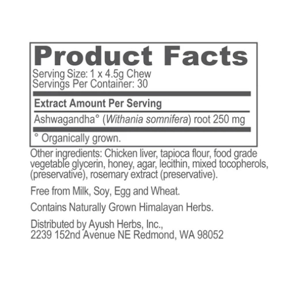 Pet Ashwagandha Chews Supplement Facts Label