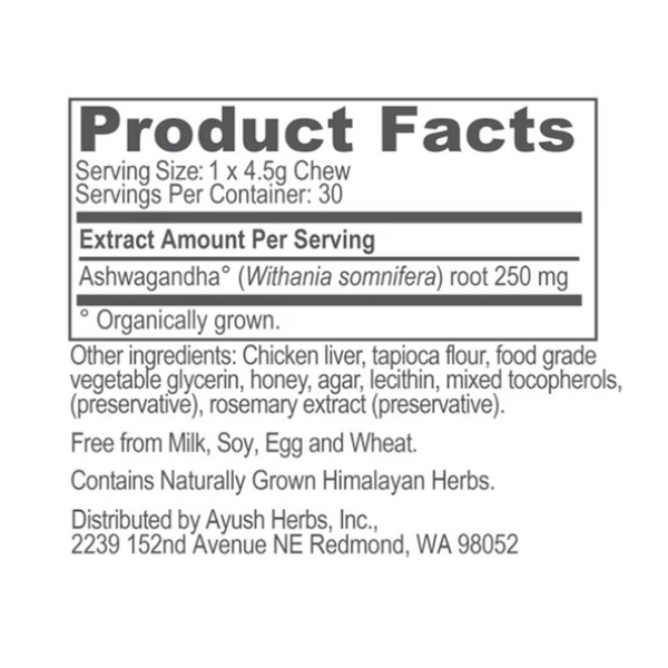 Pet Ashwagandha Chews Supplement Facts Label