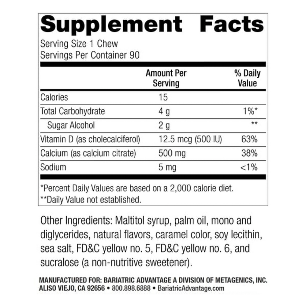 Calcium Citrate Chewy Bite Caramel Supplement Facts Label