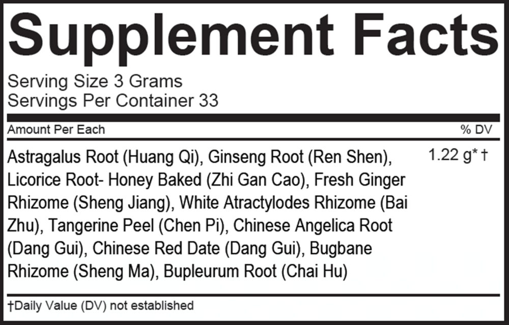 Bu Zhong Yi Qi Tang Supplement Facts Label
