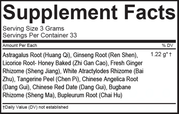 Bu Zhong Yi Qi Tang Supplement Facts Label