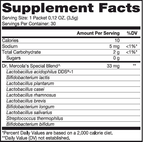 Complete Probiotics Powder Packets for Kids Supplement Facts Label