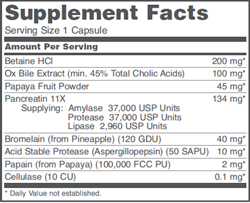 Enzymes-HCl Supplement Facts Label