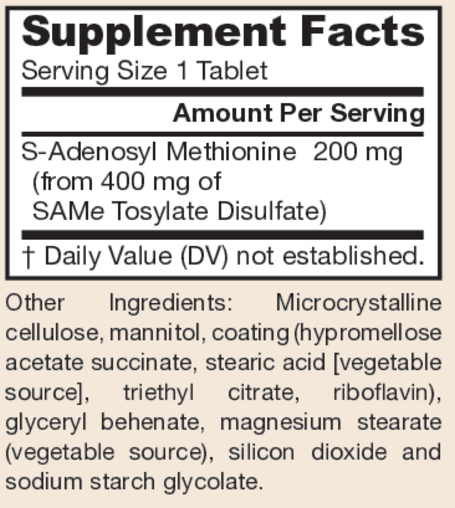 SAM-e 200 mg 60 Count Supplement Facts Label