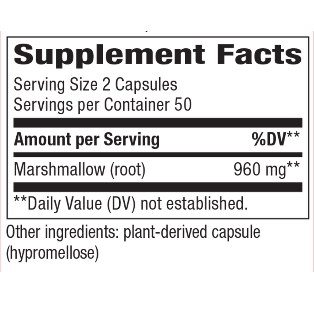 Marshmallow Root 100 Veg Capsules Supplement Facts Label