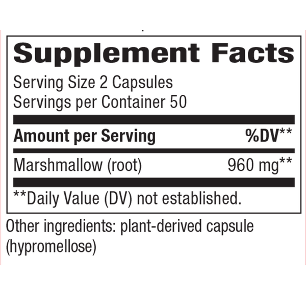 Marshmallow Root 100 Veg Capsules Supplement Facts Label
