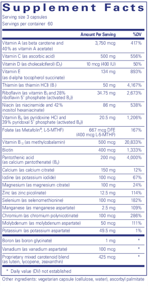 Nutrient 950 With A W/O Cu & Fe Supplement Facts Label