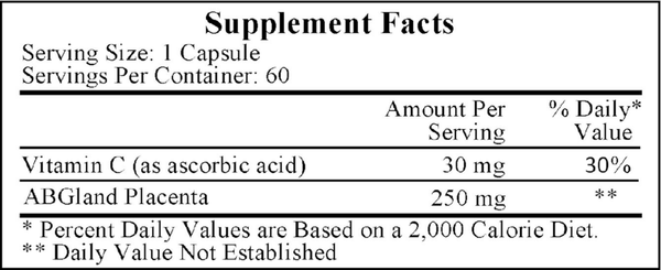 Placenta 250 mg Supplement Facts Label