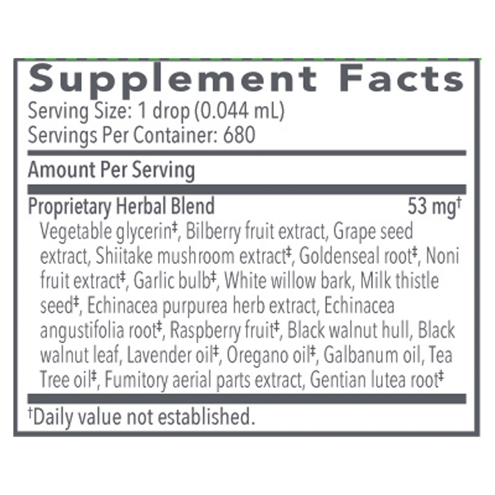 Biocidin Broad Spectrum Liquid Formula Supplement Facts Label
