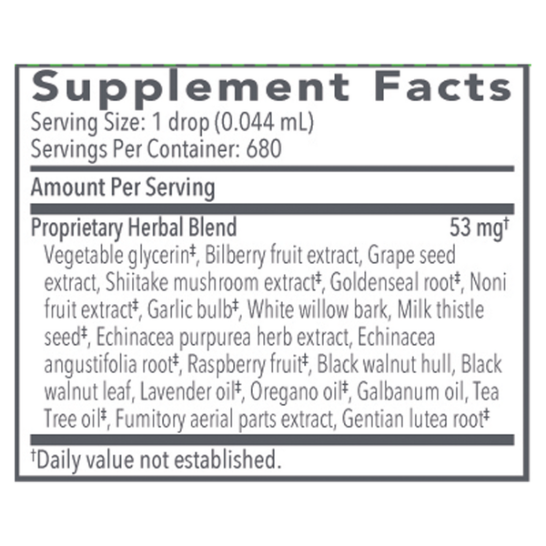 Biocidin Broad Spectrum Liquid Formula Supplement Facts Label