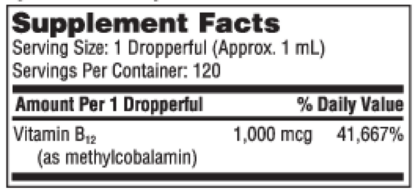 B12 Liquid (methylcobalamin) Supplement Facts Label