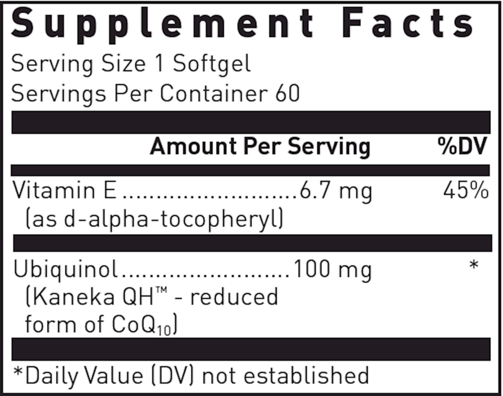 Ubiquinol-Qh 30 Count Supplement Facts Label