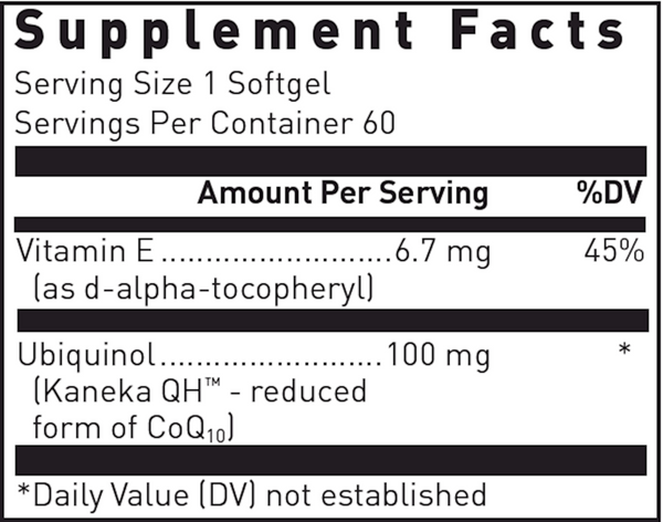 Ubiquinol-Qh 30 Count Supplement Facts Label