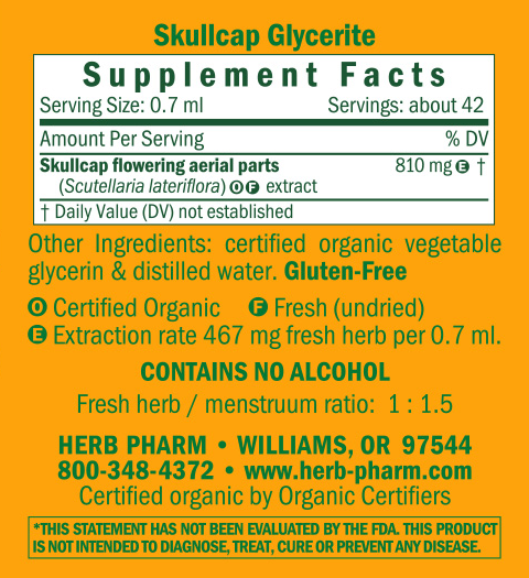 Skullcap/Scutellaria lateriflora Alcohol-Free Supplement Facts Label
