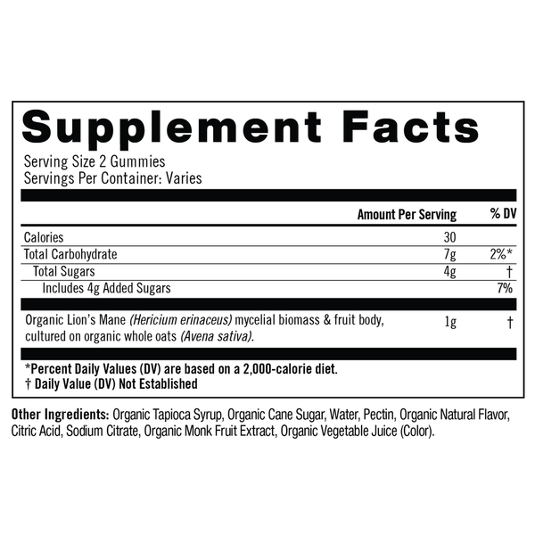 Lion's Mane Mushroom Gummies Supplement Facts Label