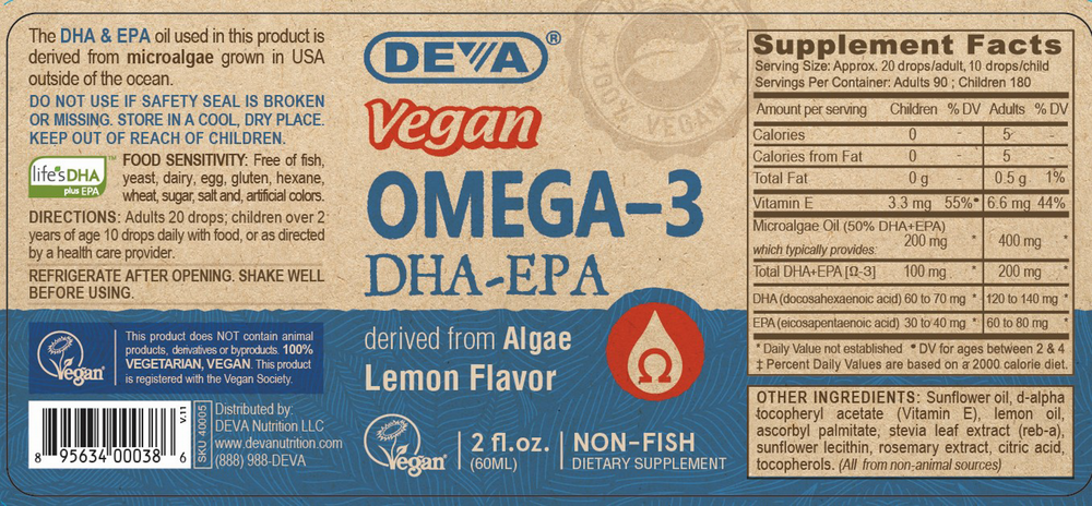 Vegan Liquid DHA-EPA Lemon Supplement Facts Label