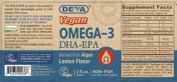 Vegan Liquid DHA-EPA Lemon Supplement Facts Label