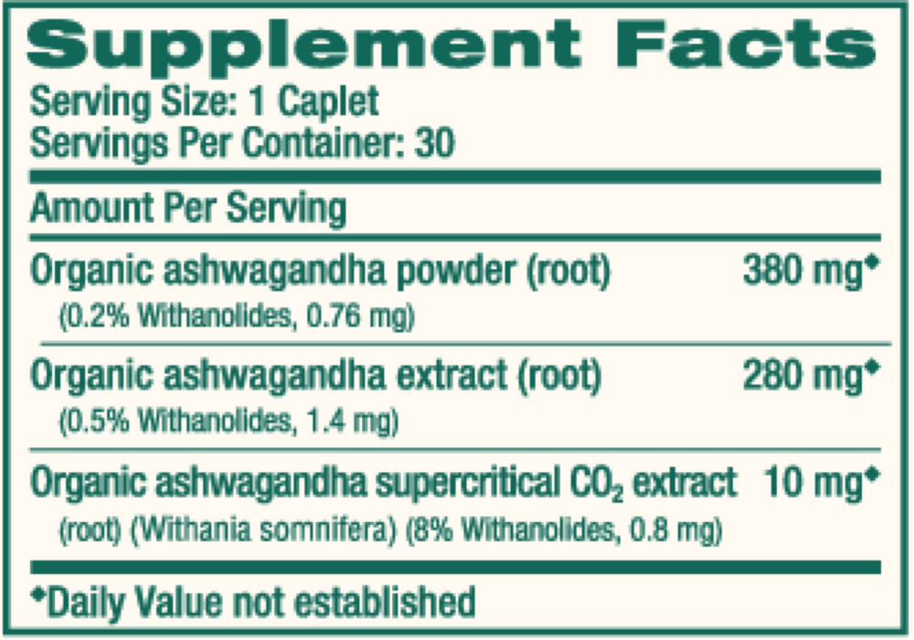 Organic Ashwagandha Supplement Facts Label