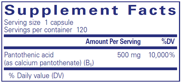 Pantothenic Acid 120 Count Supplement Facts Label