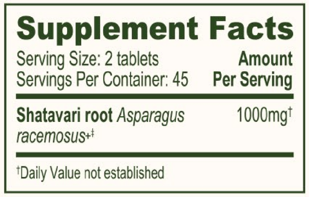 Shatavari Organic Supplement Facts Label