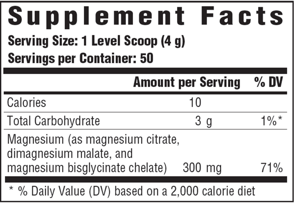 Relax + Calm Magnesium Powder-Raspberry Lemonade Supplement Facts Label