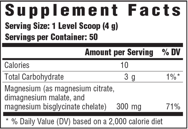 Relax + Calm Magnesium Powder-Raspberry Lemonade Supplement Facts Label