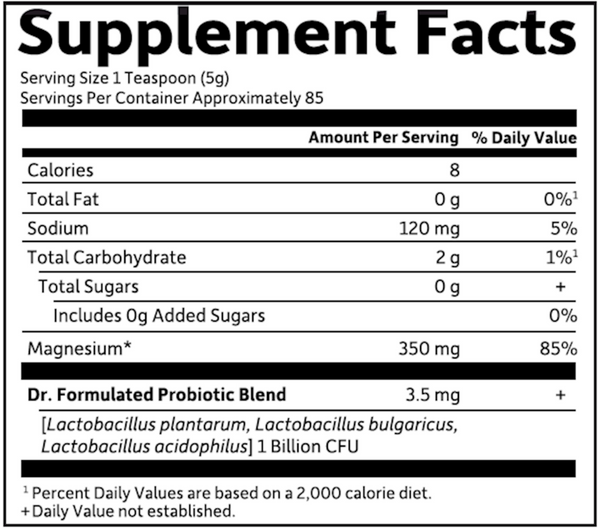 Dr. Formulated Magnesium Raspberry Lemon 14.9oz Supplement Facts Label