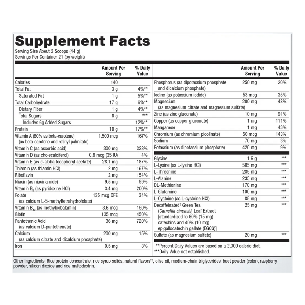 UltraClear PLUS/RICE Berry Supplement Facts Label