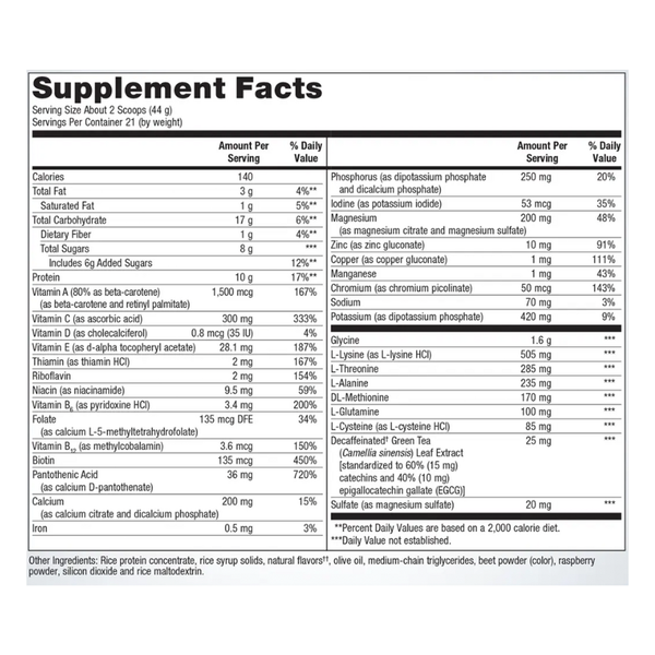 UltraClear PLUS/RICE Berry Supplement Facts Label