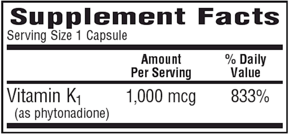 K1-1000 (Vitamin K-1) Supplement Facts Label