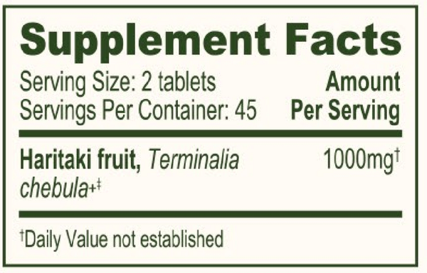 BACKORDER ONLY - Haritaki Supplement Facts Label