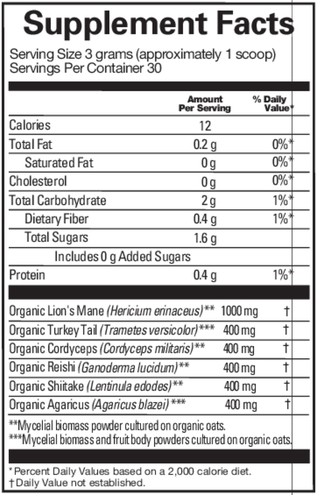 Smart Mushrooms Supplement Facts Label