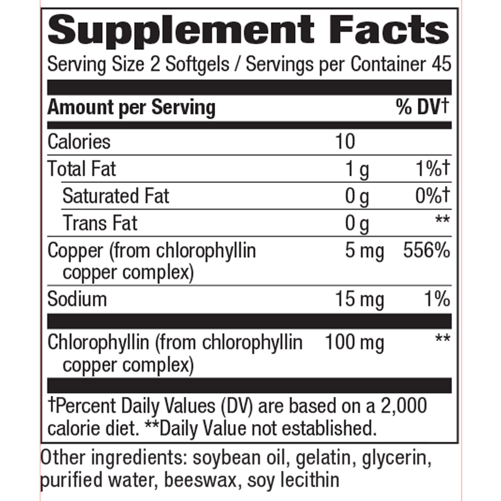 Chlorofresh® Chlorophyll Concentrate 90 Softgels Supplement Facts Label