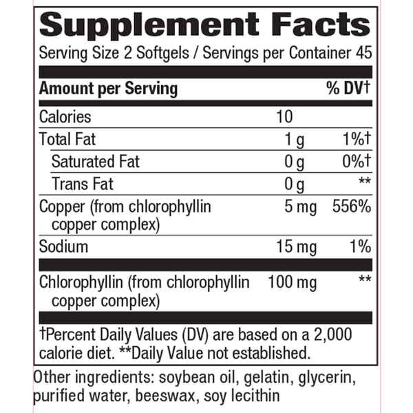 Chlorofresh® Chlorophyll Concentrate 90 Softgels Supplement Facts Label