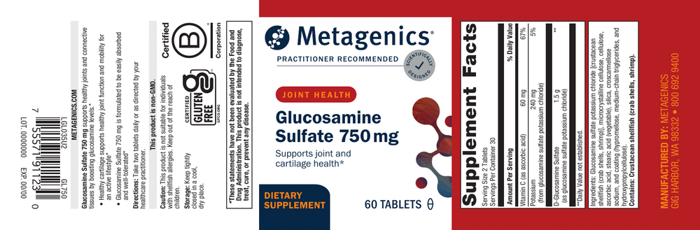 Glucosamine Sulfate 750 mg Supplement Facts Label