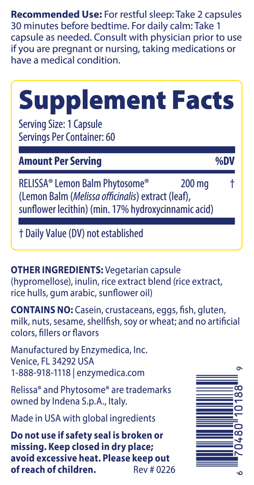 Sleep & Stress Phytosome Lemon Balm Supplement Facts Label