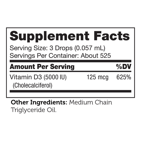 Vitamin D3 Liquid 5000 IU Supplement Facts Label