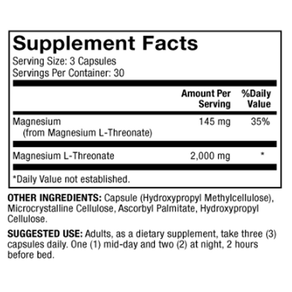 Magnesium Advanced (Magnesium L-Threonate) Supplement Facts Label