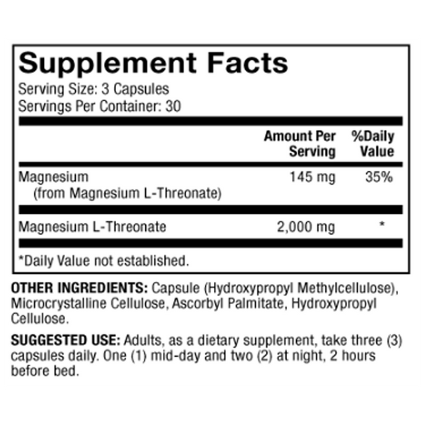 Magnesium Advanced (Magnesium L-Threonate) Supplement Facts Label