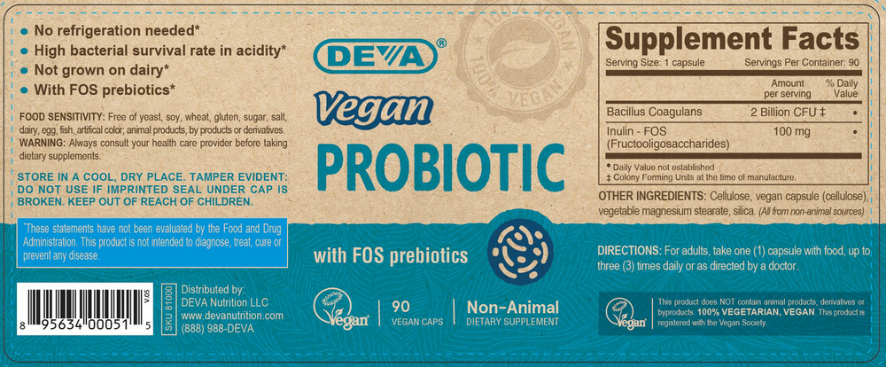 Vegan Probiotic Supplement Facts Label