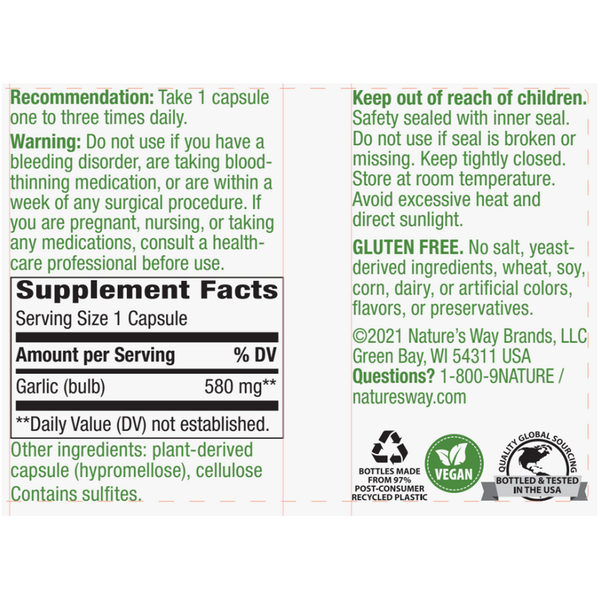 Garlic Bulb 580 mg Supplement Facts Label