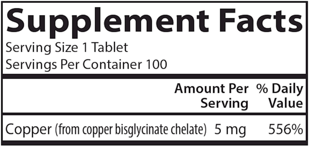 Chelated Copper 5 mg Supplement Facts Label