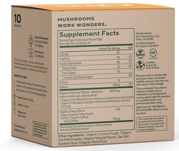 Mushroom Coffee Latte 10 Pack Supplement Facts Label
