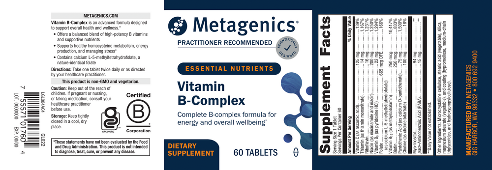 Vitamin B-Complex (Formerly known as Glycogenics) Supplement Facts Label